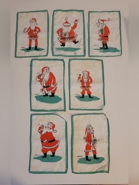Vintage MCM Constance Depler Tipsy Santa Linen Cocktail Napkins Set 7 Christmas